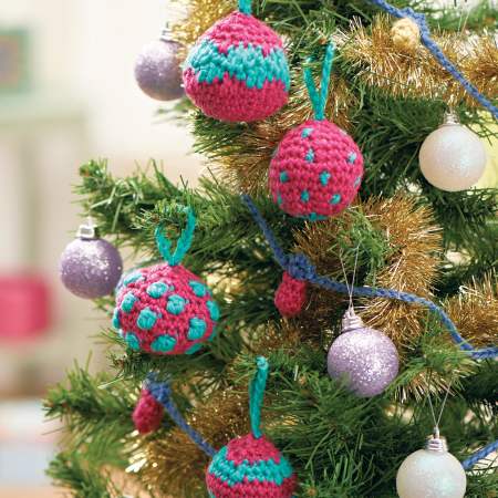 Crochet baubles and fairy lights garland